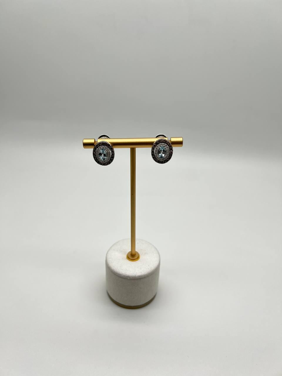 Oval Blue Aquamarine White Brown Diamonds Halo 14K White Gold Stud Earrings