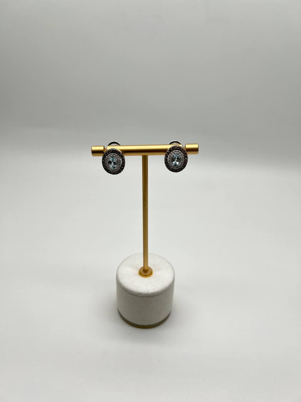 Oval Blue Aquamarine White Brown Diamonds Halo 14K White Gold Stud Earrings