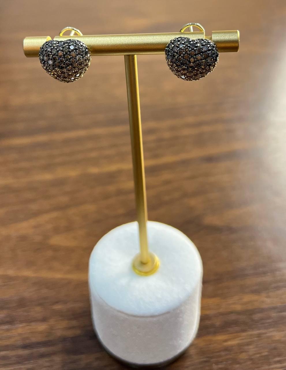 Heart Shape Love Champagne Brown Diamond Pave Set 14K Yellow Gold Stud Earrings