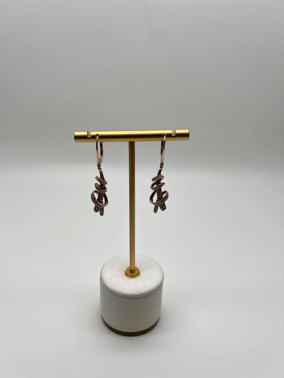 White Champagne Cognac Diamonds 18K Rose Gold Swirl Statement Drop Earrings