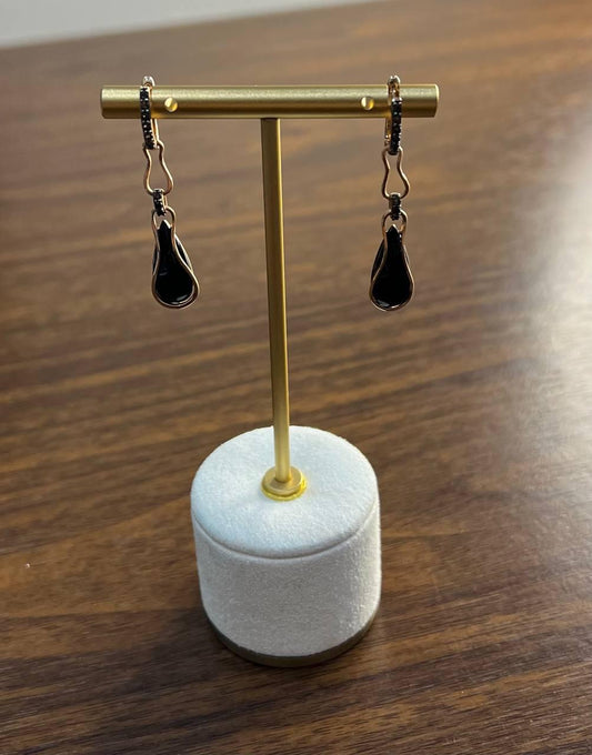 Teardrop Shape Black Onyx & Black Diamonds 14K Yellow Gold Drop Earrings