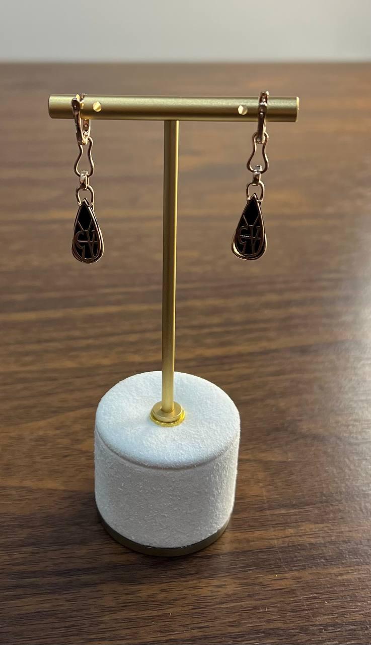 Teardrop Shape Black Onyx &amp; Black Diamonds 14K Yellow Gold Drop Earrings