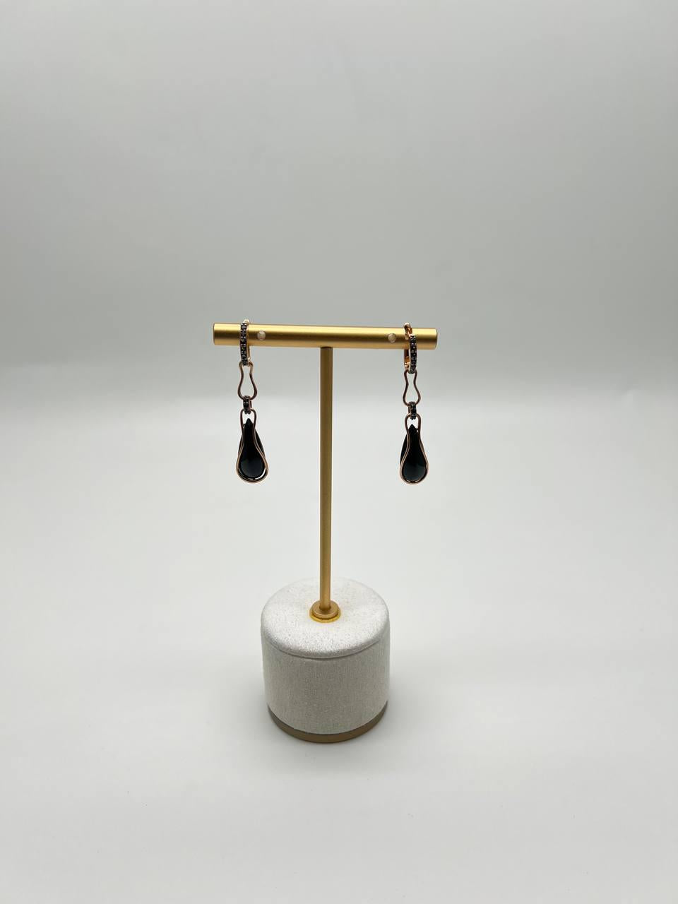 Teardrop Shape Black Onyx & Black Diamonds 14K Yellow Gold Drop Earrings