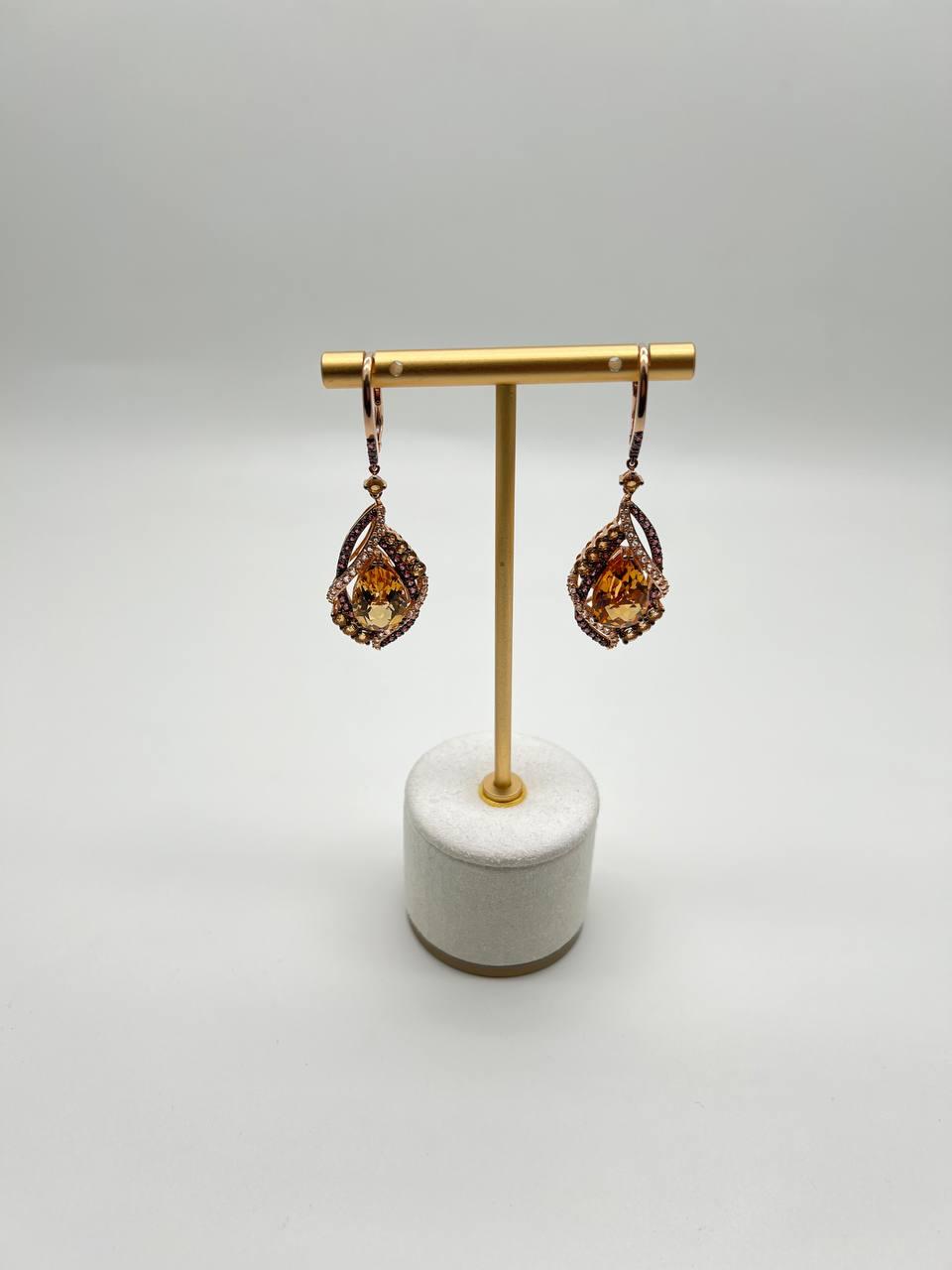 Pear Drop Shape Orange Citrine Multi Diamonds 14K Yellow Gold Statement Earrings