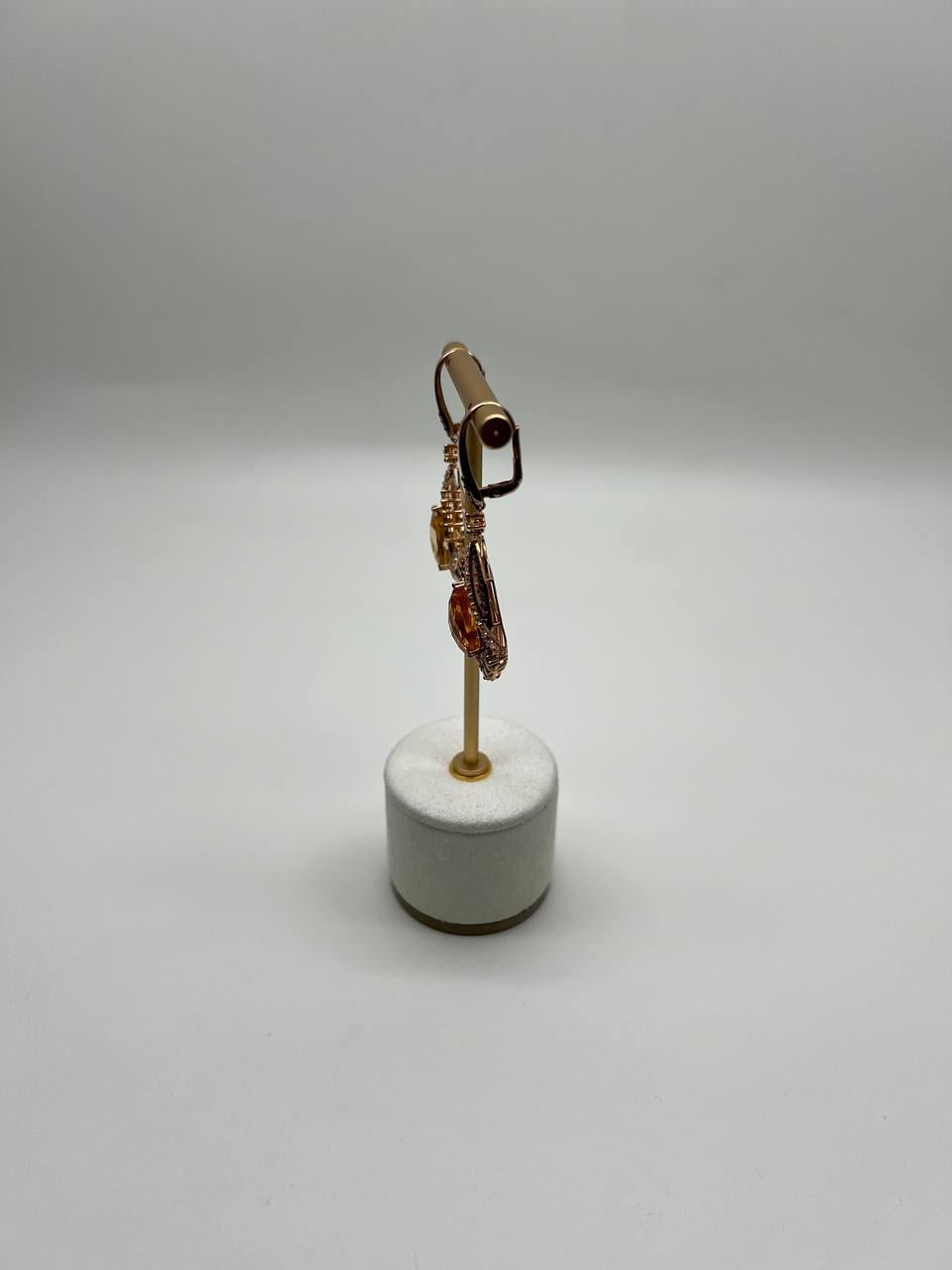 Pear Drop Shape Orange Citrine Multi Diamonds 14K Yellow Gold Statement Earrings