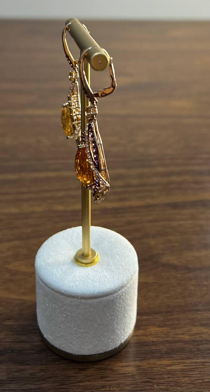 Pear Drop Shape Orange Citrine Multi Diamonds 14K Yellow Gold Statement Earrings