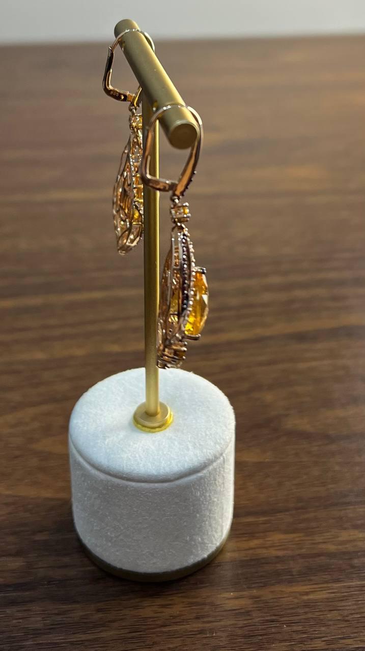 Pear Drop Shape Orange Citrine Multi Diamonds 14K Yellow Gold Statement Earrings