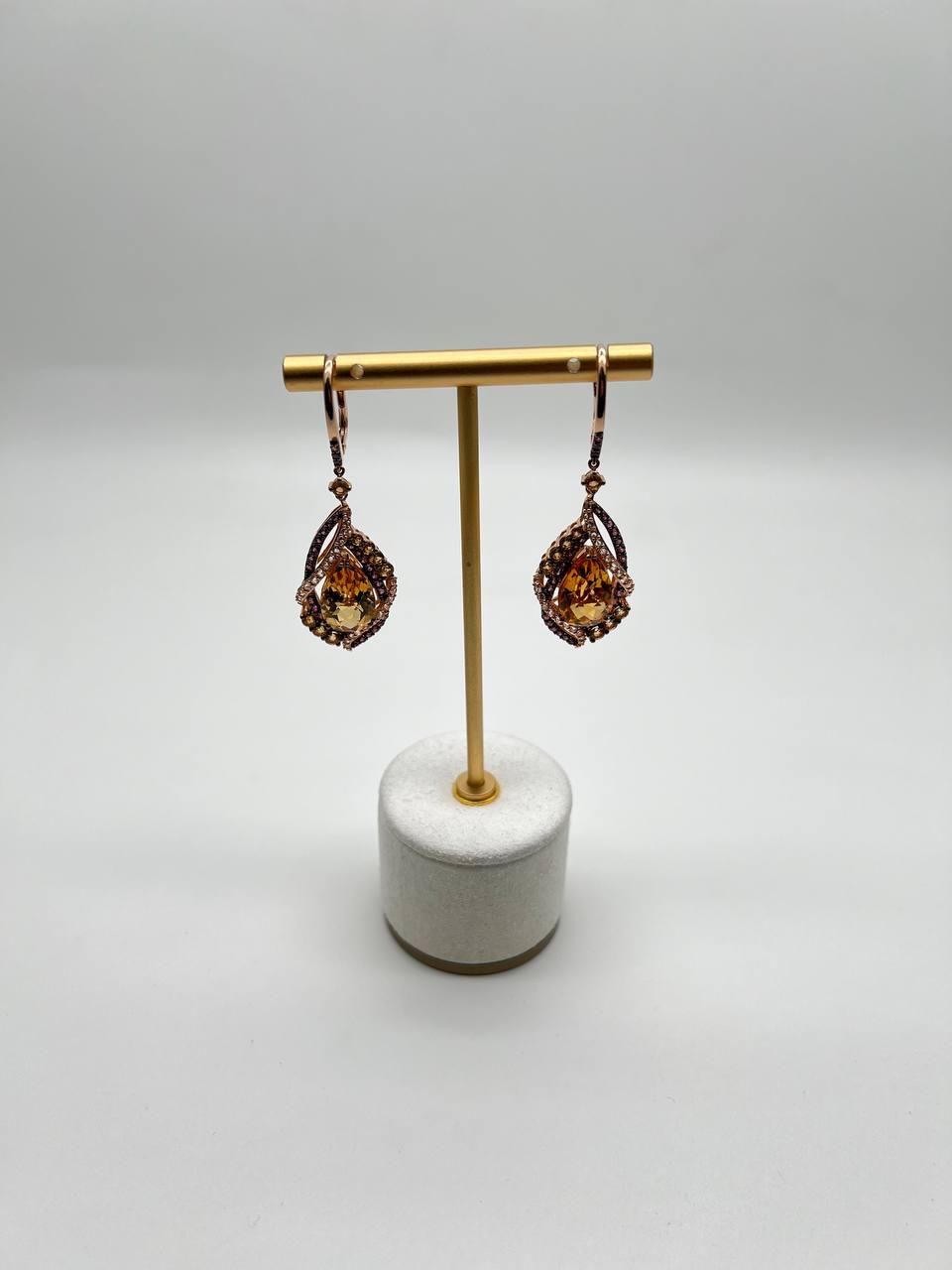 Pear Drop Shape Orange Citrine Multi Diamonds 14K Yellow Gold Statement Earrings