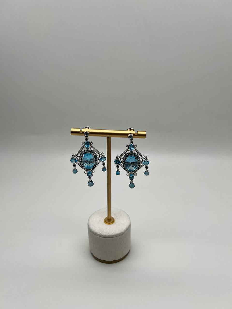 Fancy Blue Topaz White Diamond Halo 14K White Gold Fancy Chandelier Earrings