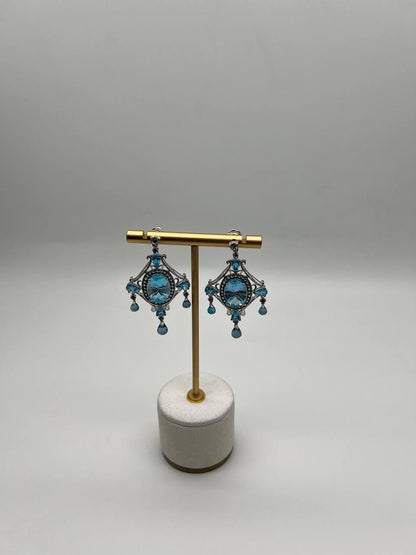Fancy Blue Topaz White Diamond Halo 14K White Gold Fancy Chandelier Earrings