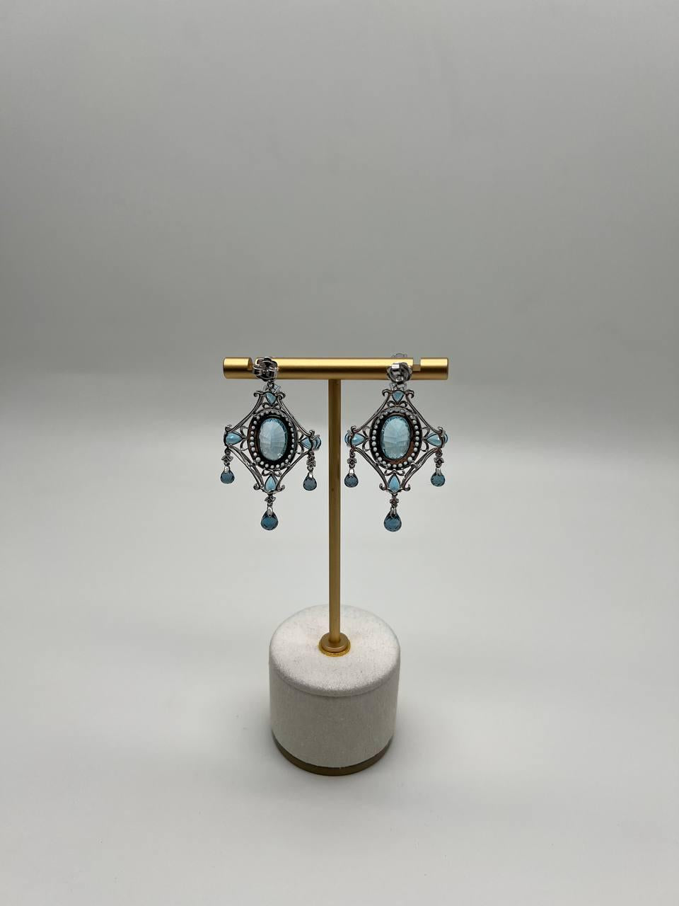 Fancy Blue Topaz White Diamond Halo 14K White Gold Fancy Chandelier Earrings