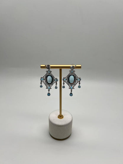 Fancy Blue Topaz White Diamond Halo 14K White Gold Fancy Chandelier Earrings