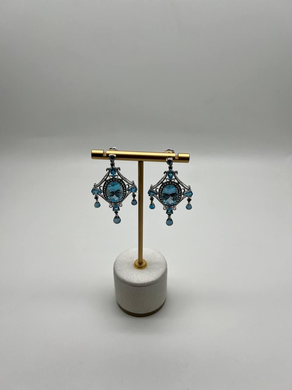 Fancy Blue Topaz White Diamond Halo 14K White Gold Fancy Chandelier Earrings