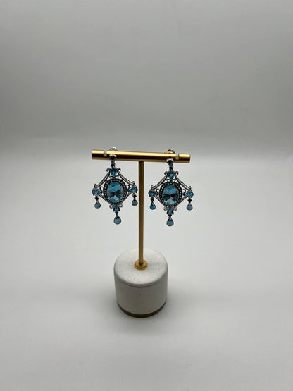 Fancy Blue Topaz White Diamond Halo 14K White Gold Fancy Chandelier Earrings