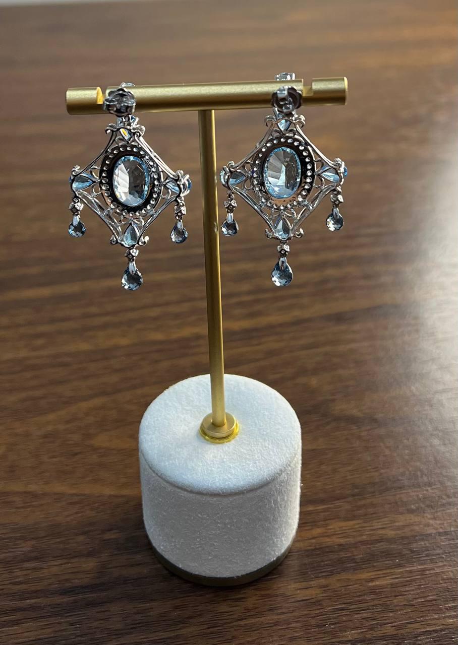 Fancy Blue Topaz White Diamond Halo 14K White Gold Fancy Chandelier Earrings