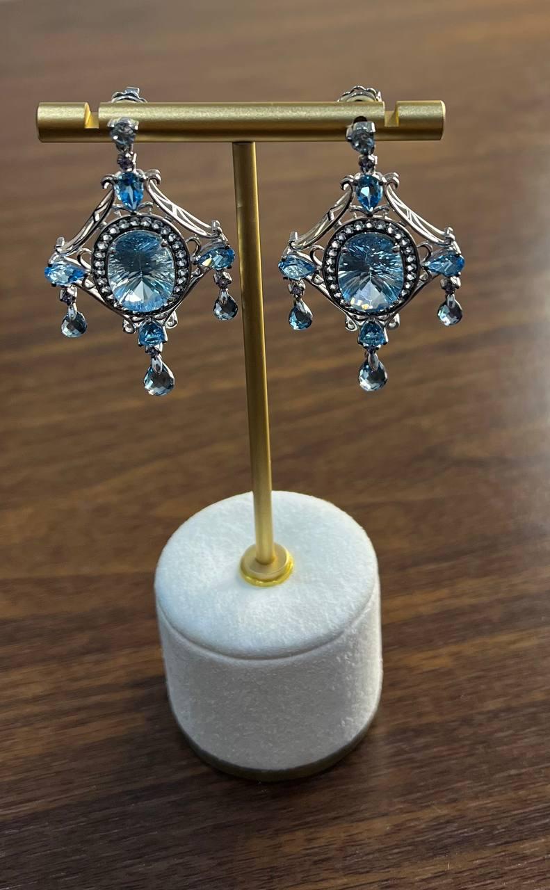 Fancy Blue Topaz White Diamond Halo 14K White Gold Fancy Chandelier Earrings
