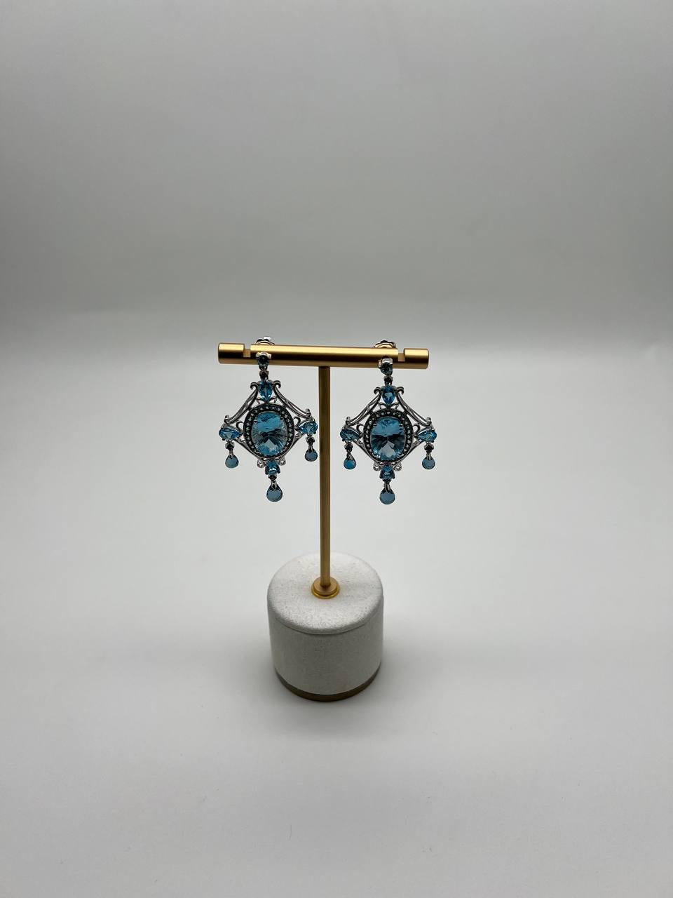 Fancy Blue Topaz White Diamond Halo 14K White Gold Fancy Chandelier Earrings