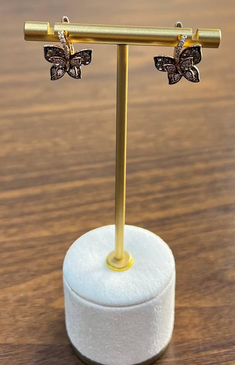 Butterfly White Champagne Diamond Pave Set Split Shank 14K Yellow Gold Earrings