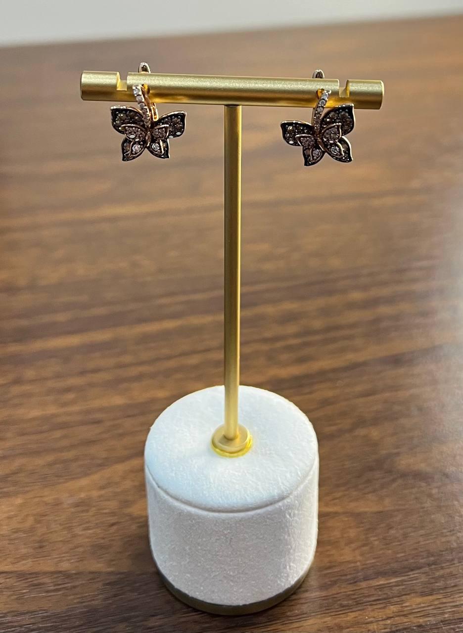 Butterfly White Champagne Diamond Pave Set Split Shank 14K Yellow Gold Earrings