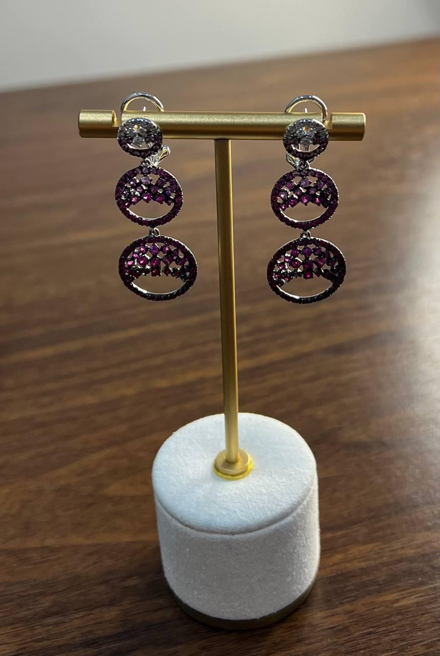 Purple Pink Sapphire White Diamond Pave Set 14k White Gold Dangle Earrings