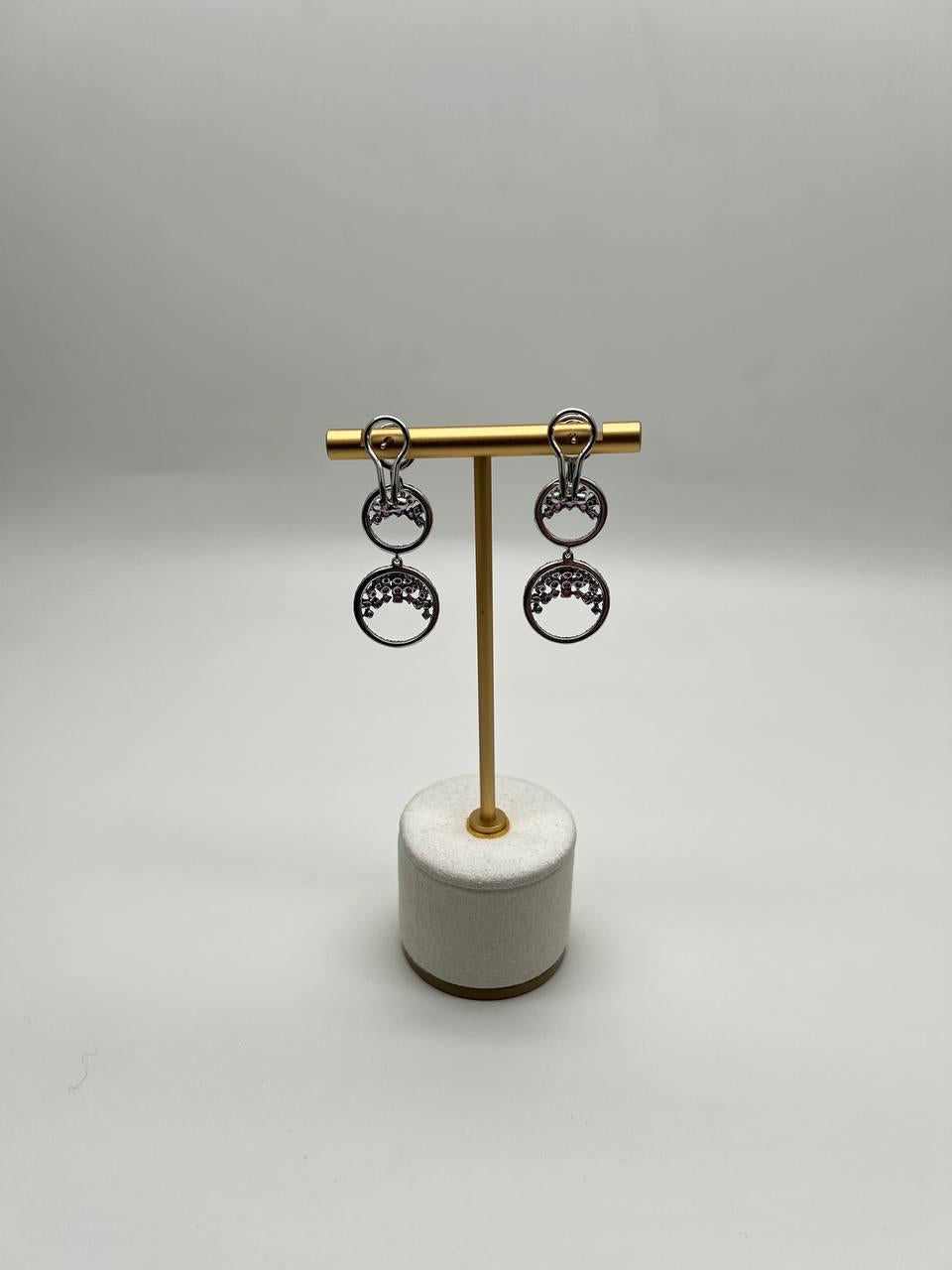 Purple Pink Sapphire White Diamond Pave Set 14k White Gold Dangle Earrings