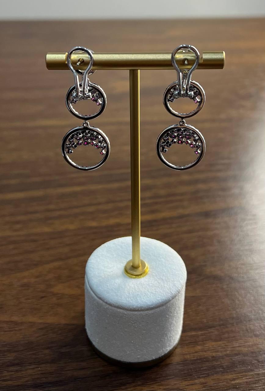 Purple Pink Sapphire White Diamond Pave Set 14k White Gold Dangle Earrings