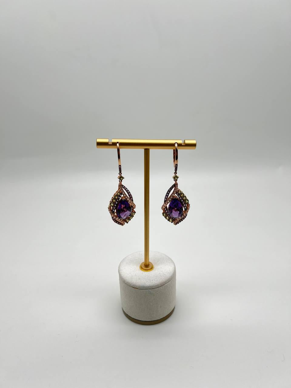 Purple Violet Amethyst Multi Pavé-Set Diamonds Halo 14K Rose Gold Drop Earrings