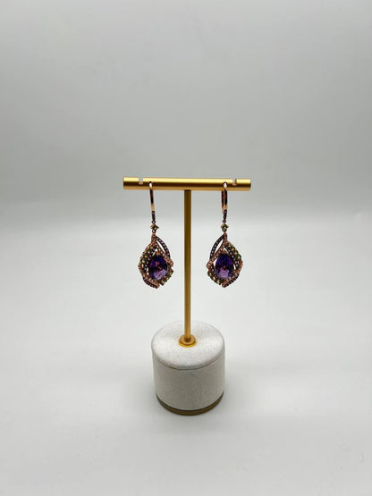 Purple Violet Amethyst Multi Pavé-Set Diamonds Halo 14K Rose Gold Drop Earrings