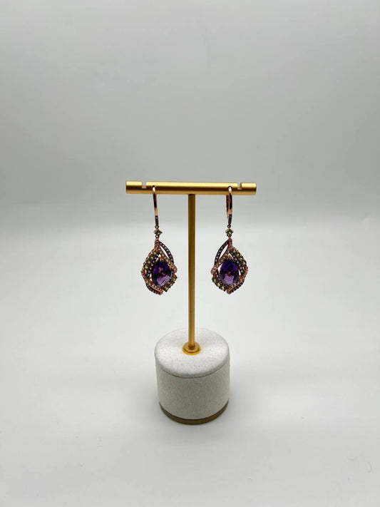 Purple Violet Amethyst Multi Pavé-Set Diamonds Halo 14K Rose Gold Drop Earrings