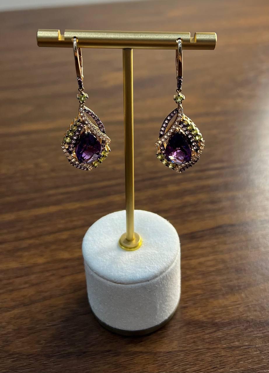 Purple Violet Amethyst Multi Pavé-Set Diamonds Halo 14K Rose Gold Drop Earrings