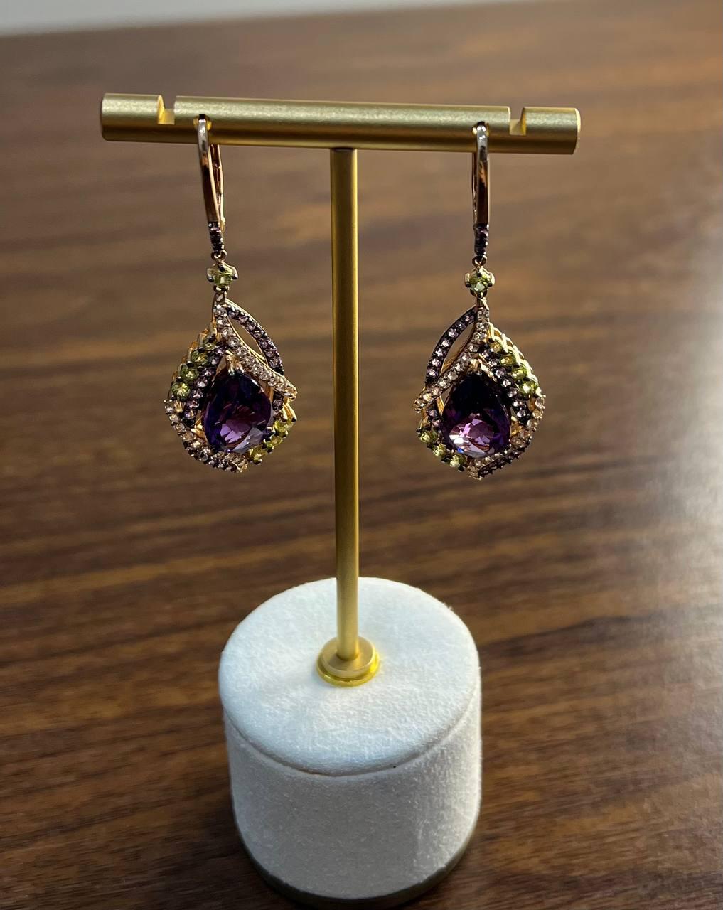 Purple Violet Amethyst Multi Pavé-Set Diamonds Halo 14K Rose Gold Drop Earrings