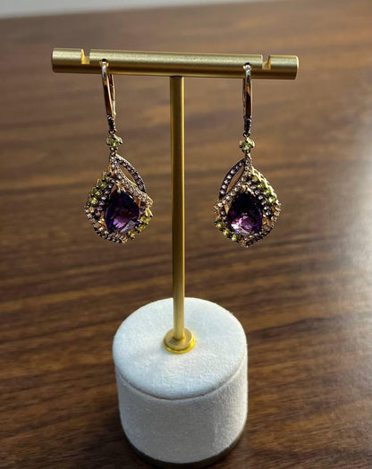 Purple Violet Amethyst Multi Pavé-Set Diamonds Halo 14K Rose Gold Drop Earrings