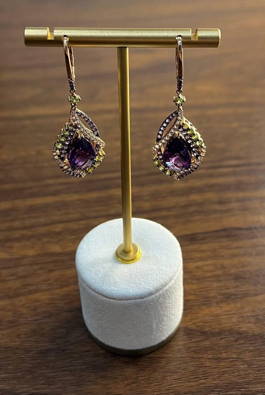 Purple Violet Amethyst Multi Pavé-Set Diamonds Halo 14K Rose Gold Drop Earrings