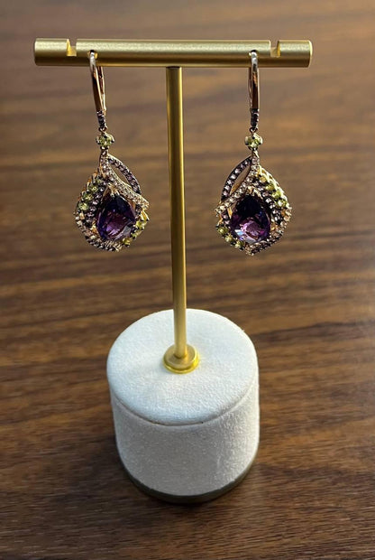Purple Violet Amethyst Multi Pavé-Set Diamonds Halo 14K Rose Gold Drop Earrings