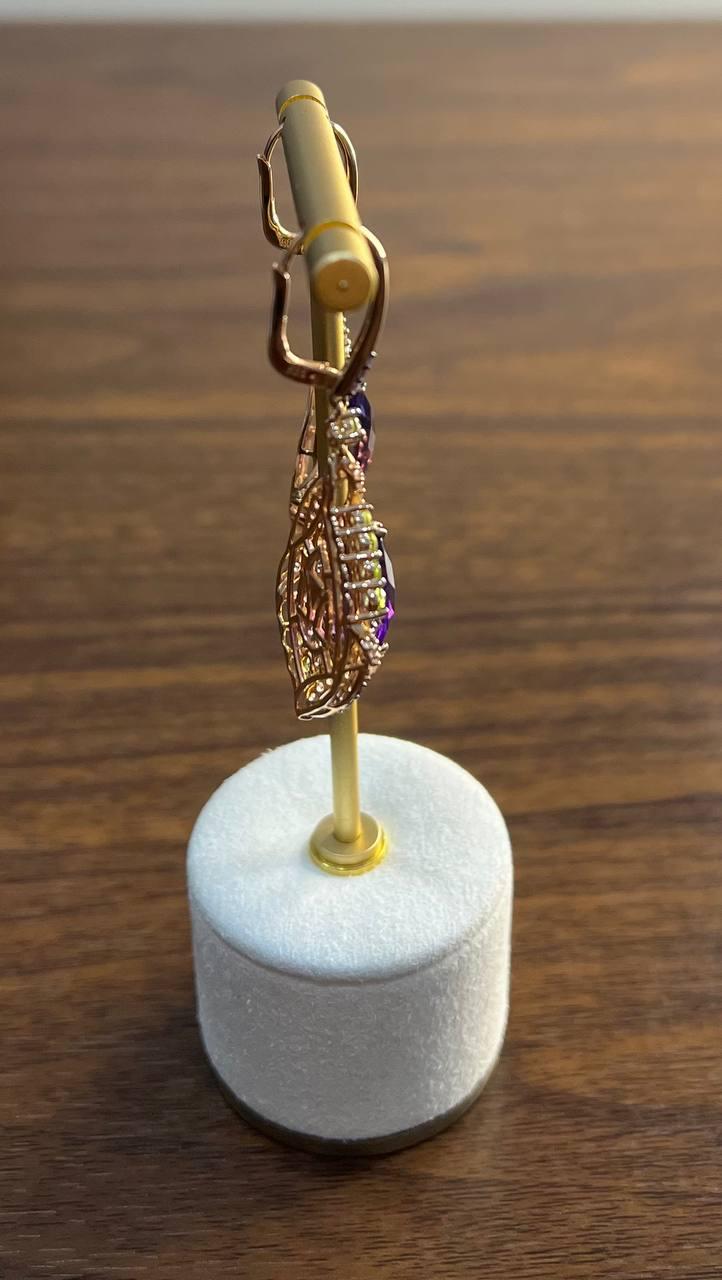 Purple Violet Amethyst Multi Pavé-Set Diamonds Halo 14K Rose Gold Drop Earrings