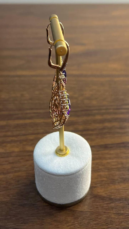Purple Violet Amethyst Multi Pavé-Set Diamonds Halo 14K Rose Gold Drop Earrings