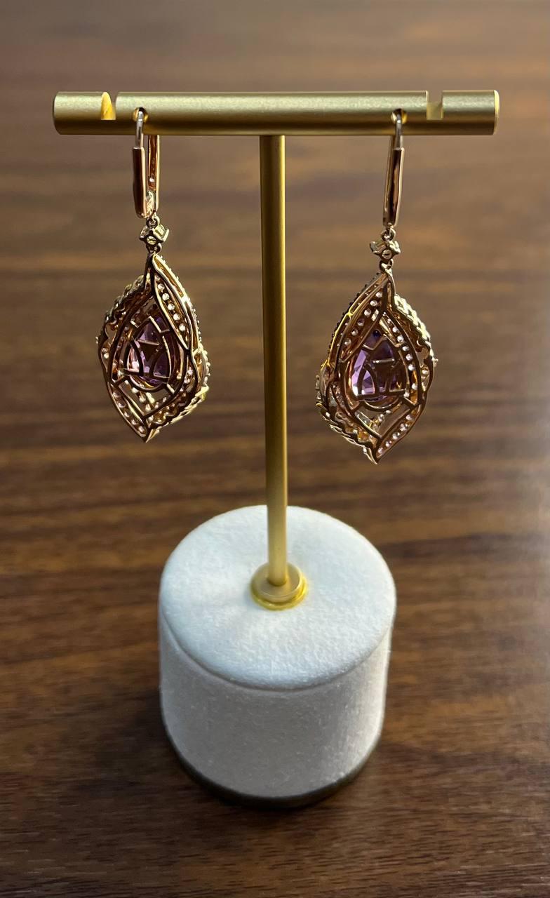 Purple Violet Amethyst Multi Pavé-Set Diamonds Halo 14K Rose Gold Drop Earrings