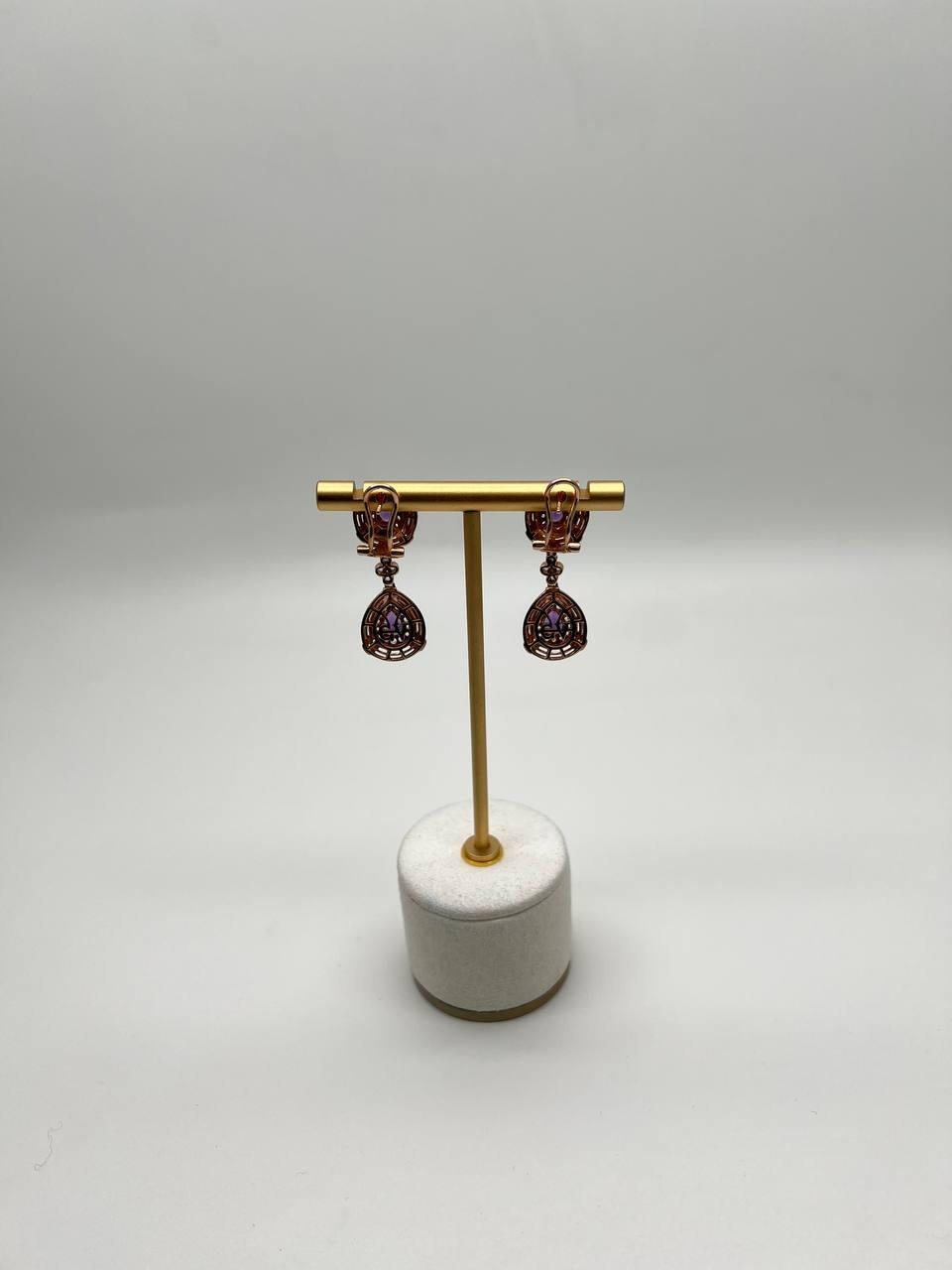 Purple Violet Amethyst Latticework Diamond Halo Drop 14K Rose Gold Earrings