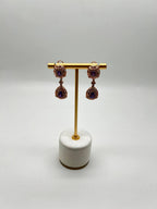 Purple Violet Amethyst Latticework Diamond Halo Drop 14K Rose Gold Earrings