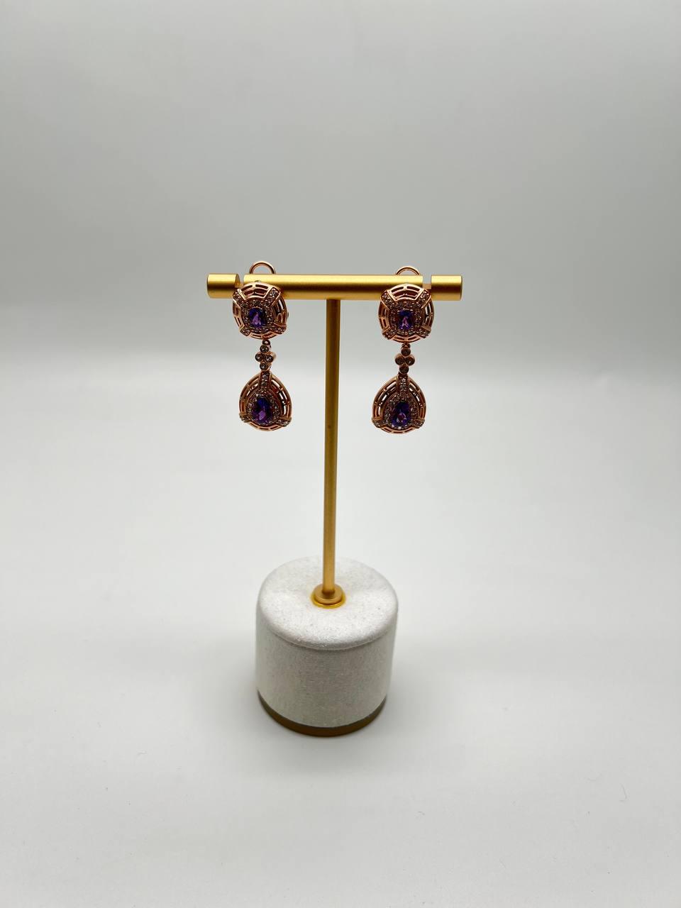 Purple Violet Amethyst Latticework Diamond Halo Drop 14K Rose Gold Earrings