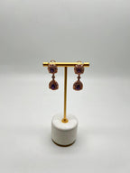 Purple Violet Amethyst Latticework Diamond Halo Drop 14K Rose Gold Earrings