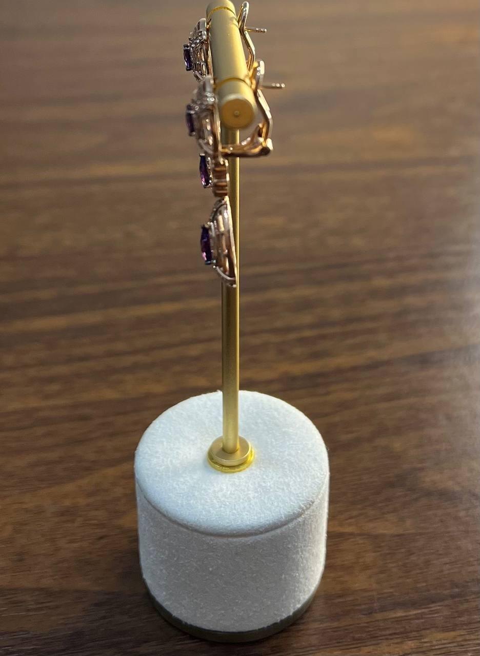 Purple Violet Amethyst Latticework Diamond Halo Drop 14K Rose Gold Earrings