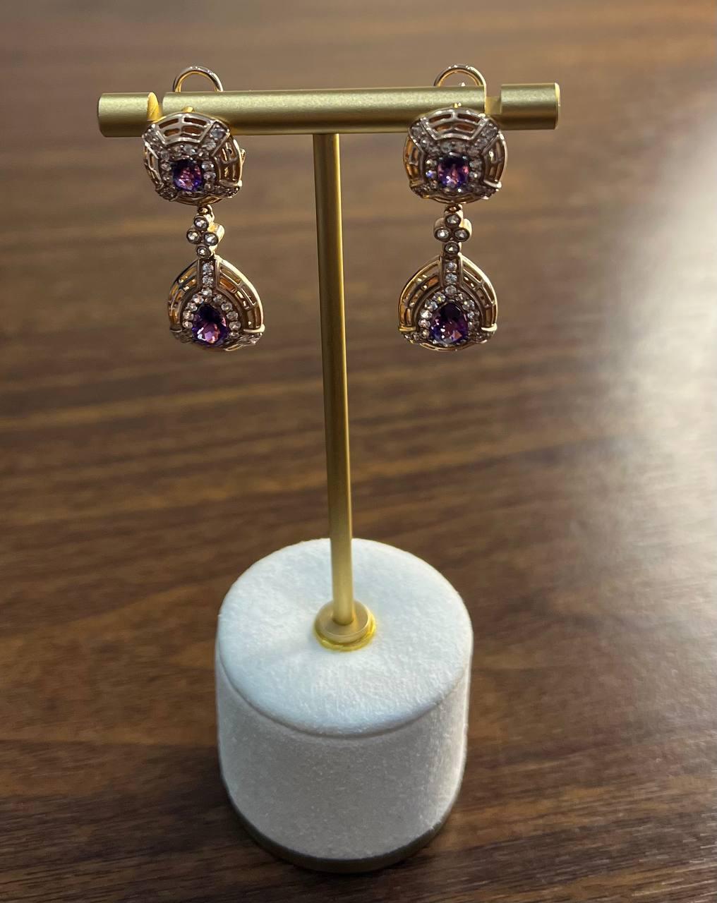 Purple Violet Amethyst Latticework Diamond Halo Drop 14K Rose Gold Earrings
