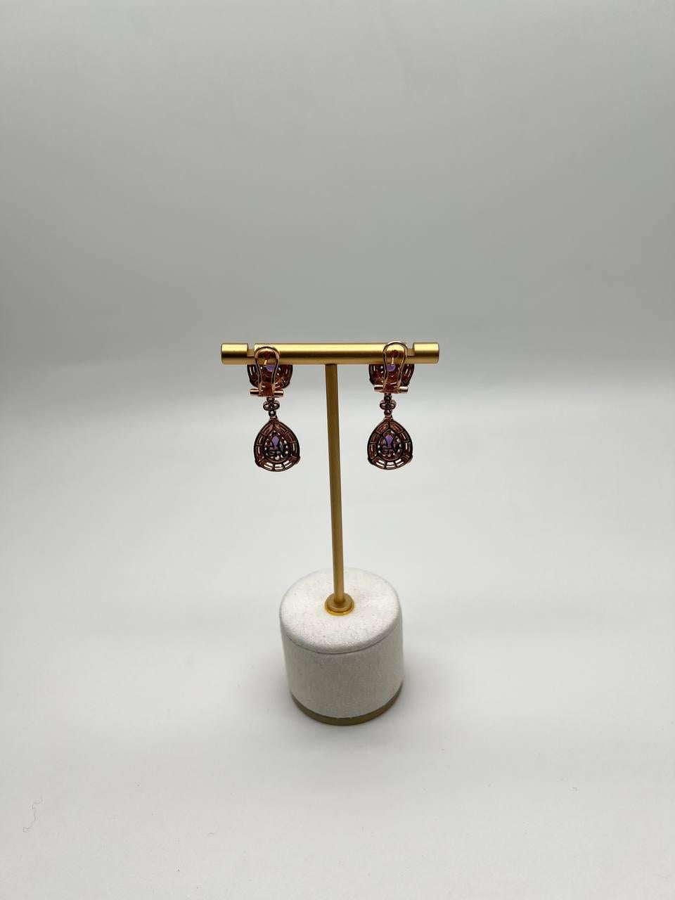 Purple Violet Amethyst Latticework Diamond Halo Drop 14K Rose Gold Earrings