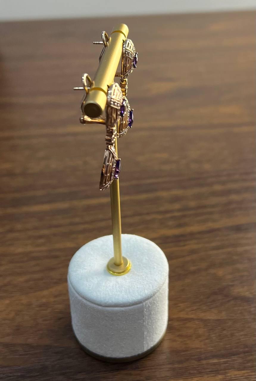 Purple Violet Amethyst Latticework Diamond Halo Drop 14K Rose Gold Earrings