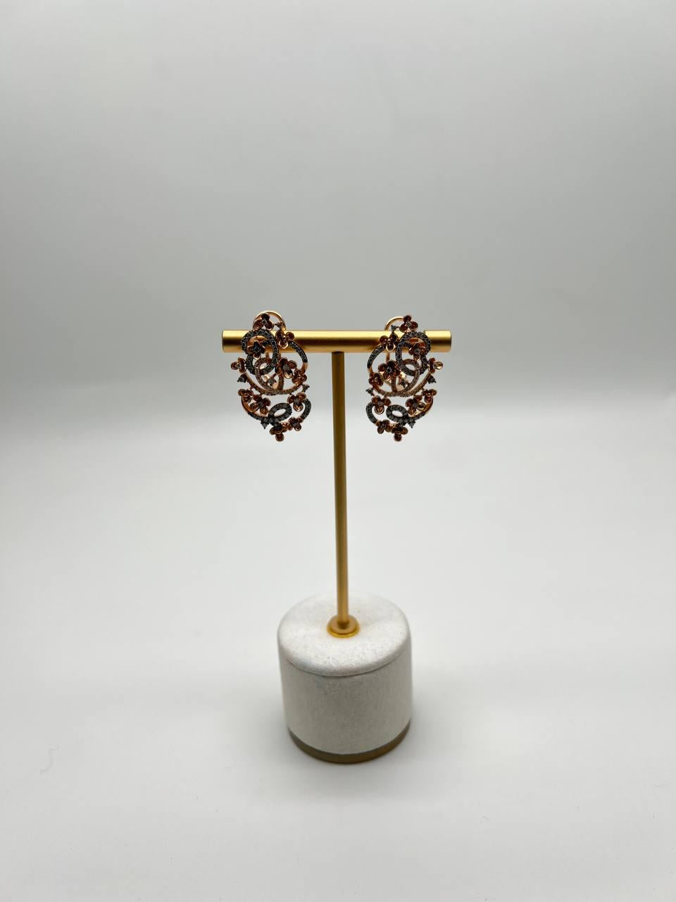 Champagne Diamond Floral Flower Nature Motifs 14K Rose Gold Statement Earrings