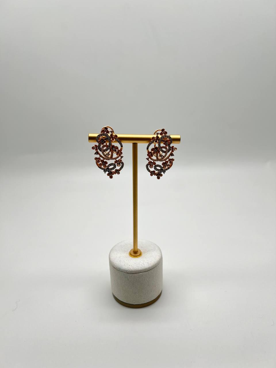 Champagne Diamond Floral Flower Nature Motifs 14K Rose Gold Statement Earrings