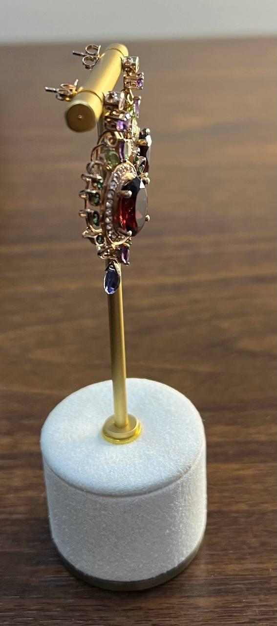 Red Garnet Multi Green Blue Sapphire Peridot Diamonds Gold Statement Earrings