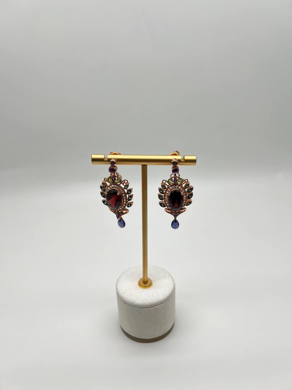 Red Garnet Multi Green Blue Sapphire Peridot Diamonds Gold Statement Earrings