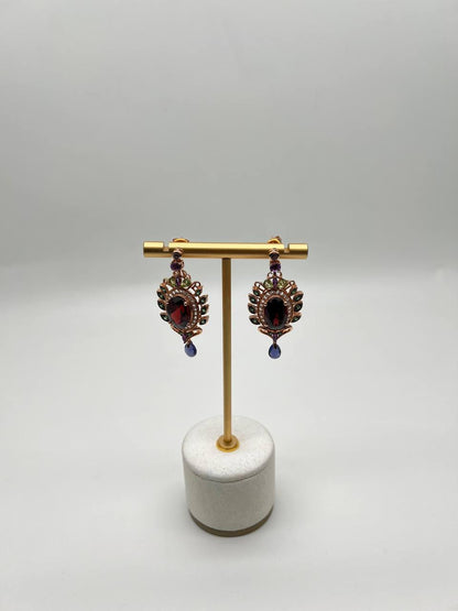 Red Garnet Multi Green Blue Sapphire Peridot Diamonds Gold Statement Earrings